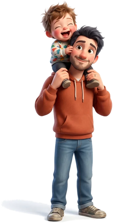 Tom, jeune papa en sweat terracotta, porte son fils hilare sur les épaules